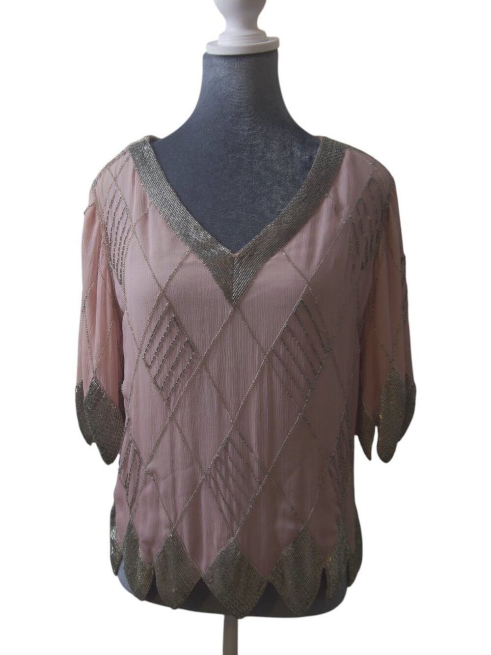 Judith Ann Creations 100% Silk Dusty Pink Silver Beaded Art Deco Top M - Picture 1 of 16